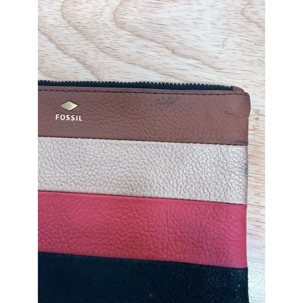 Fossil Leather Zip Pouch Clutch Colorblock Brown Pink Cosmetic Bag‎  #66